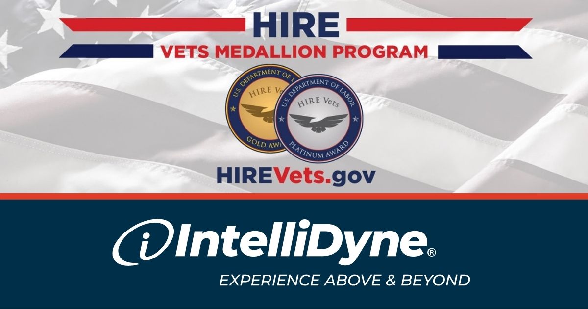 HIRE Vets Department of Labor Award for IntelliDyne, one gold and one platinum colored medallion