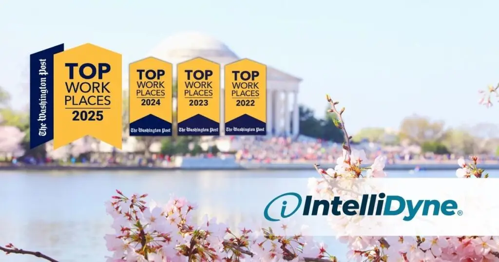 Photo of the Tidal Basin in Washington, DC. A branch of blooming cherry blossom is in the foreground. Four The Washington Post Top Workplace Award badges are displayed in the upper left corner.
