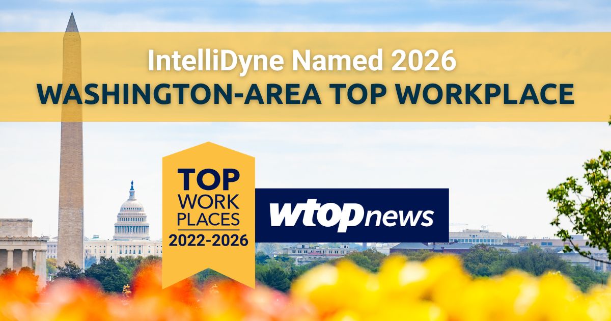 Background image of Washington, DC background overlaid with yellow and navy WTOP Top Workplace Award badge